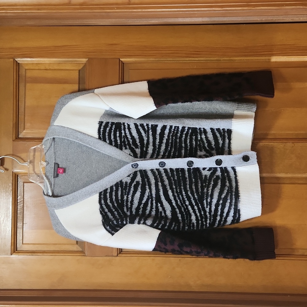 Vince Camuto Women's Size Small Colorblock Animal Print Cardigan Sweater, EUC